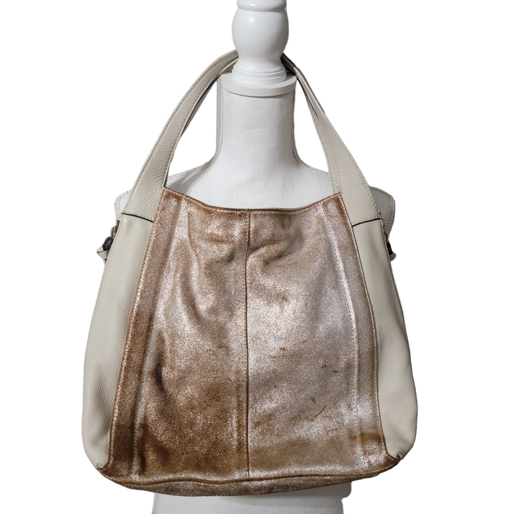 Tano brown cream ivory Metallic handbag purse shoulder bag expanding Side zips